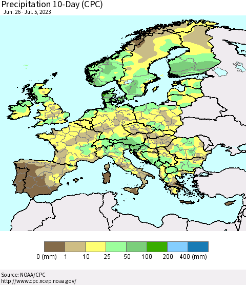 Europe Precipitation 10-Day (CPC) Thematic Map For 6/26/2023 - 7/5/2023