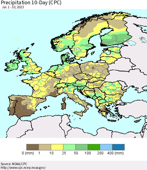 Europe Precipitation 10-Day (CPC) Thematic Map For 7/1/2023 - 7/10/2023