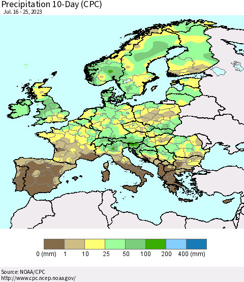 Europe Precipitation 10-Day (CPC) Thematic Map For 7/16/2023 - 7/25/2023