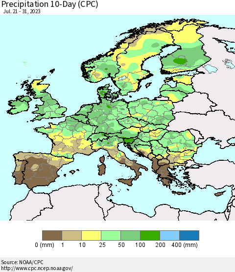 Europe Precipitation 10-Day (CPC) Thematic Map For 7/21/2023 - 7/31/2023