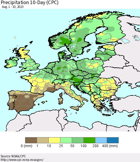 Europe Precipitation 10-Day (CPC) Thematic Map For 8/1/2023 - 8/10/2023