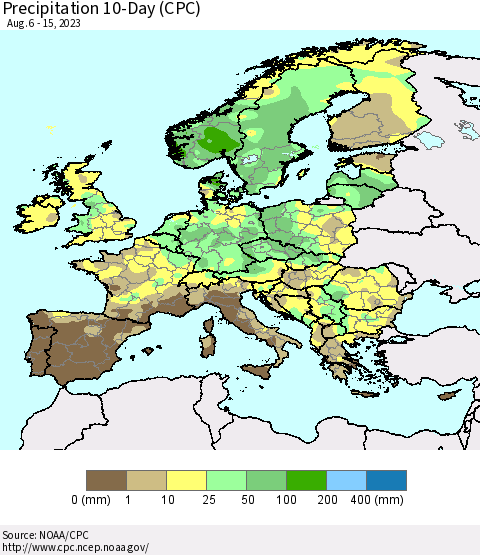 Europe Precipitation 10-Day (CPC) Thematic Map For 8/6/2023 - 8/15/2023