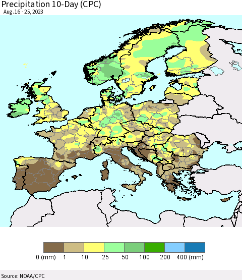 Europe Precipitation 10-Day (CPC) Thematic Map For 8/16/2023 - 8/25/2023