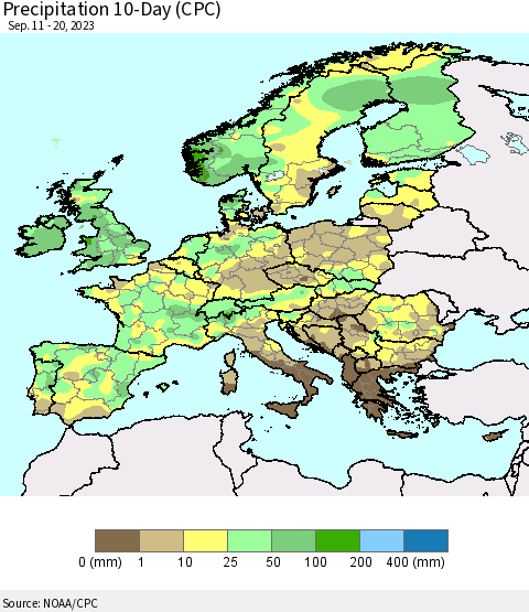 Europe Precipitation 10-Day (CPC) Thematic Map For 9/11/2023 - 9/20/2023