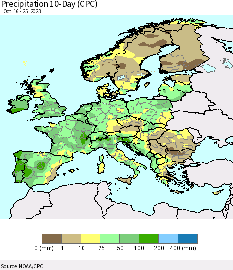 Europe Precipitation 10-Day (CPC) Thematic Map For 10/16/2023 - 10/25/2023