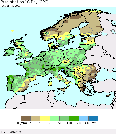 Europe Precipitation 10-Day (CPC) Thematic Map For 10/21/2023 - 10/31/2023