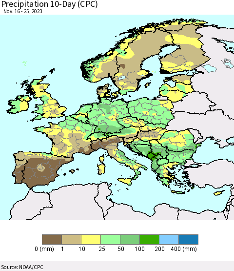 Europe Precipitation 10-Day (CPC) Thematic Map For 11/16/2023 - 11/25/2023