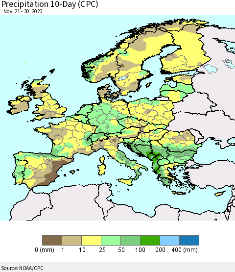 Europe Precipitation 10-Day (CPC) Thematic Map For 11/21/2023 - 11/30/2023