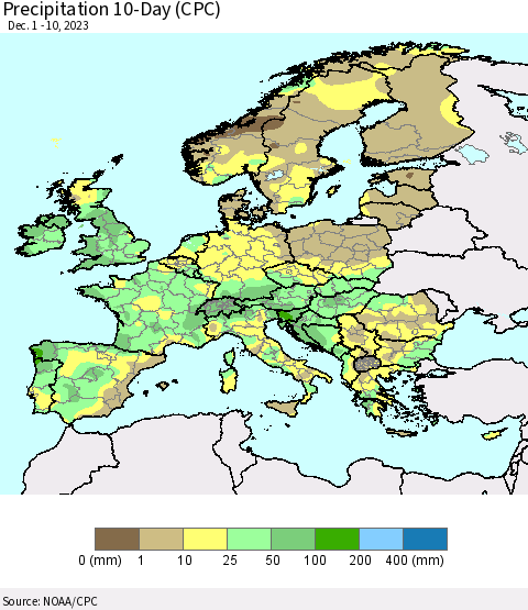 Europe Precipitation 10-Day (CPC) Thematic Map For 12/1/2023 - 12/10/2023