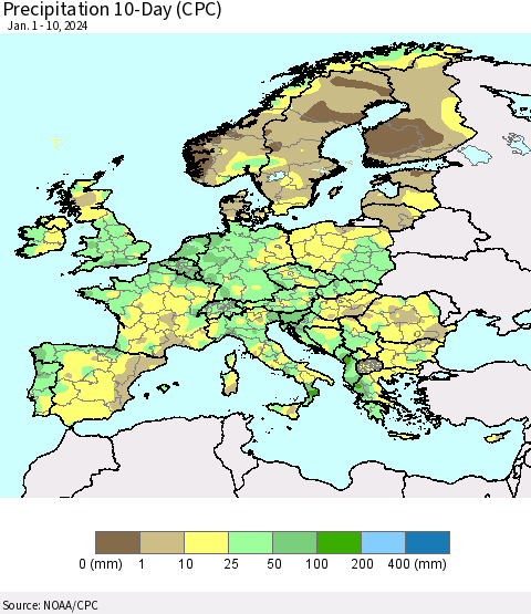 Europe Precipitation 10-Day (CPC) Thematic Map For 1/1/2024 - 1/10/2024