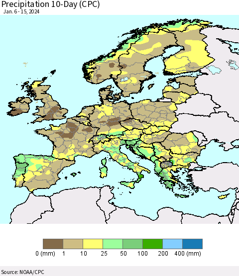 Europe Precipitation 10-Day (CPC) Thematic Map For 1/6/2024 - 1/15/2024