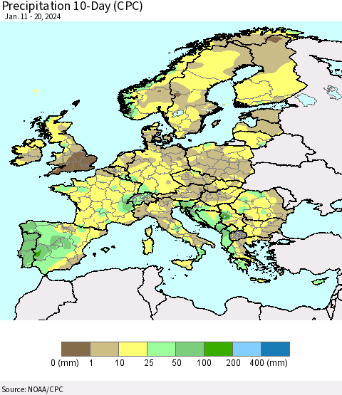 Europe Precipitation 10-Day (CPC) Thematic Map For 1/11/2024 - 1/20/2024