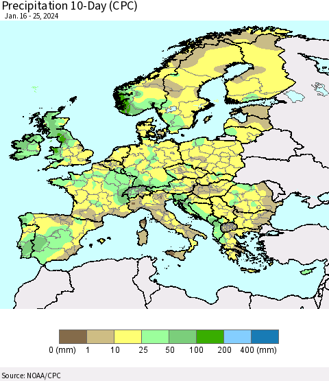Europe Precipitation 10-Day (CPC) Thematic Map For 1/16/2024 - 1/25/2024