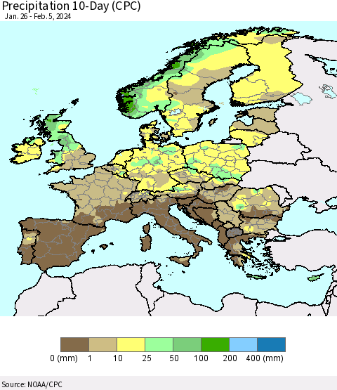 Europe Precipitation 10-Day (CPC) Thematic Map For 1/26/2024 - 2/5/2024