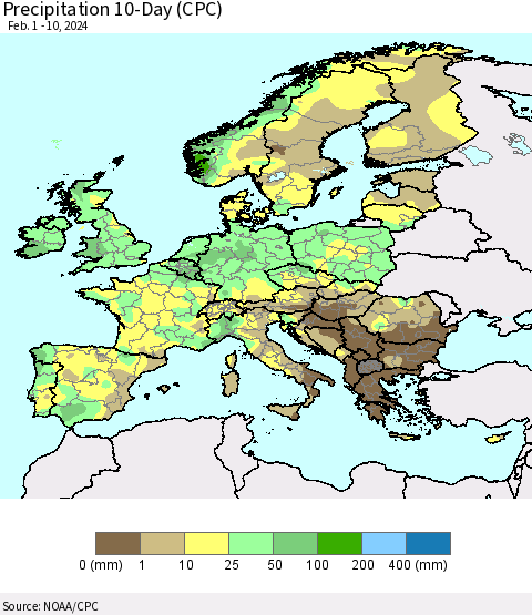 Europe Precipitation 10-Day (CPC) Thematic Map For 2/1/2024 - 2/10/2024