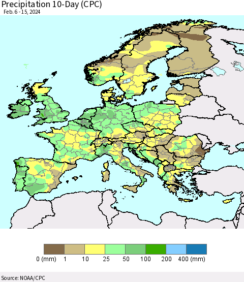 Europe Precipitation 10-Day (CPC) Thematic Map For 2/6/2024 - 2/15/2024