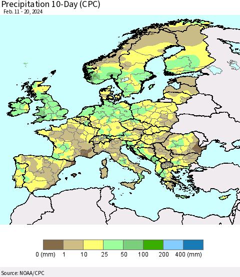 Europe Precipitation 10-Day (CPC) Thematic Map For 2/11/2024 - 2/20/2024