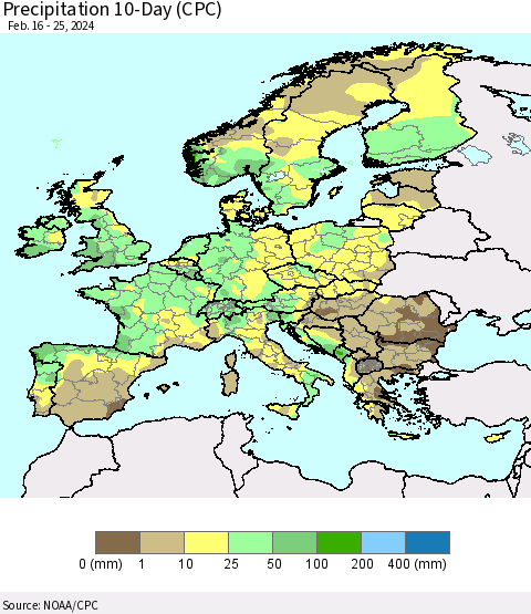 Europe Precipitation 10-Day (CPC) Thematic Map For 2/16/2024 - 2/25/2024