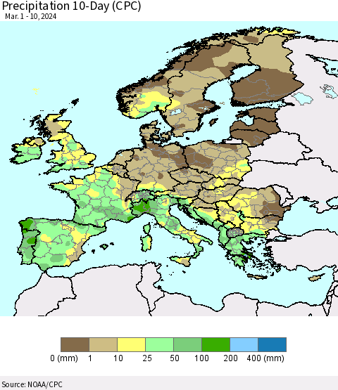 Europe Precipitation 10-Day (CPC) Thematic Map For 3/1/2024 - 3/10/2024