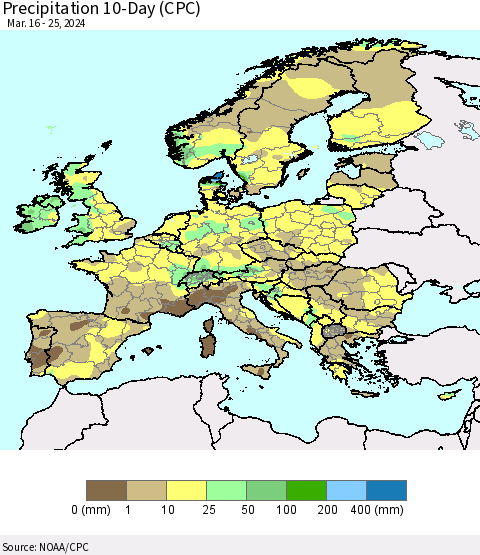 Europe Precipitation 10-Day (CPC) Thematic Map For 3/16/2024 - 3/25/2024