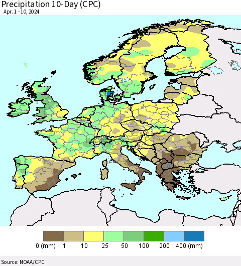 Europe Precipitation 10-Day (CPC) Thematic Map For 4/1/2024 - 4/10/2024