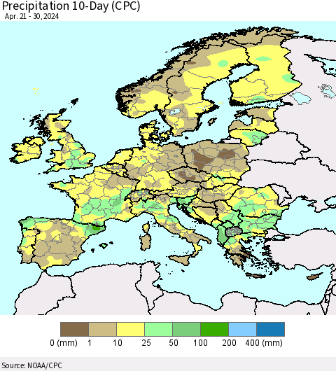 Europe Precipitation 10-Day (CPC) Thematic Map For 4/21/2024 - 4/30/2024