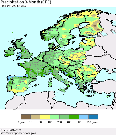 Europe Precipitation 3-Month (CPC) Thematic Map For 9/16/2019 - 12/15/2019