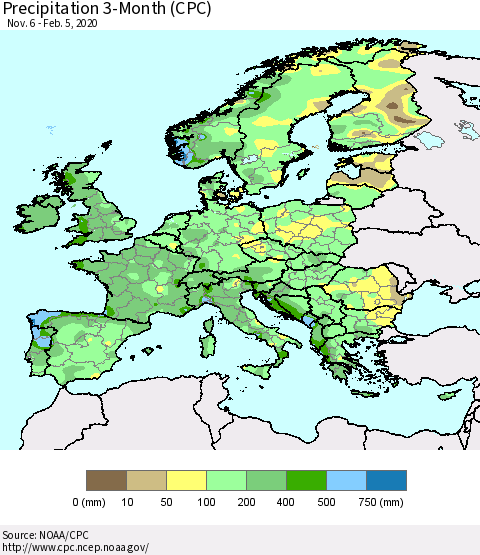 Europe Precipitation 3-Month (CPC) Thematic Map For 11/6/2019 - 2/5/2020