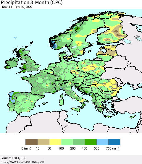 Europe Precipitation 3-Month (CPC) Thematic Map For 11/11/2019 - 2/10/2020