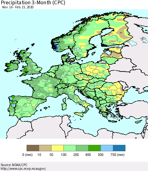 Europe Precipitation 3-Month (CPC) Thematic Map For 11/16/2019 - 2/15/2020