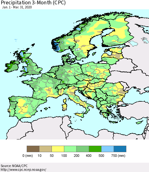 Europe Precipitation 3-Month (CPC) Thematic Map For 1/1/2020 - 3/31/2020