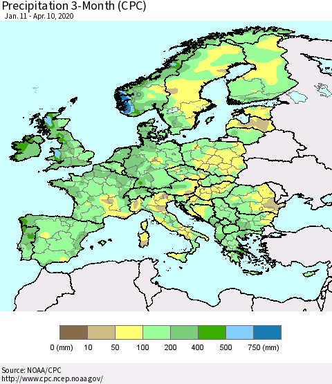 Europe Precipitation 3-Month (CPC) Thematic Map For 1/11/2020 - 4/10/2020