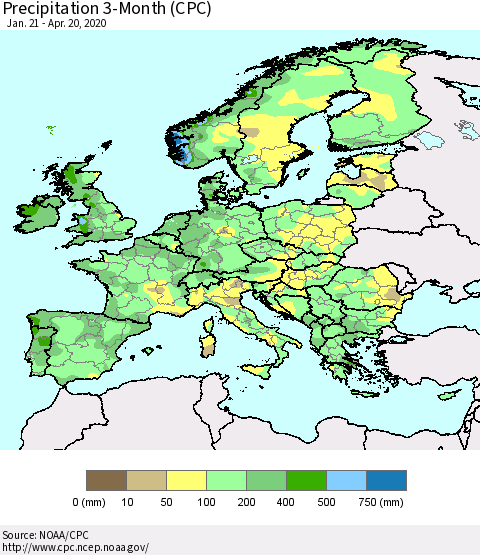 Europe Precipitation 3-Month (CPC) Thematic Map For 1/21/2020 - 4/20/2020