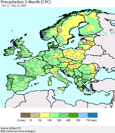 Europe Precipitation 3-Month (CPC) Thematic Map For 2/11/2020 - 5/10/2020