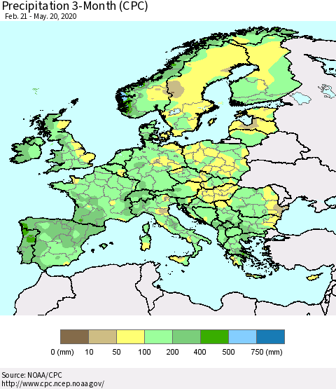 Europe Precipitation 3-Month (CPC) Thematic Map For 2/21/2020 - 5/20/2020
