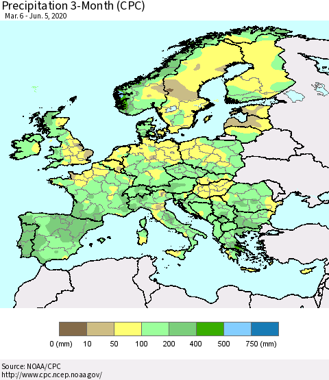 Europe Precipitation 3-Month (CPC) Thematic Map For 3/6/2020 - 6/5/2020