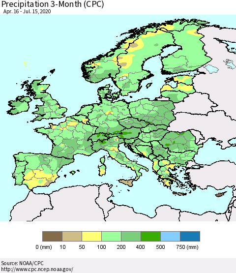 Europe Precipitation 3-Month (CPC) Thematic Map For 4/16/2020 - 7/15/2020