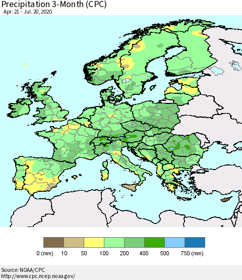 Europe Precipitation 3-Month (CPC) Thematic Map For 4/21/2020 - 7/20/2020