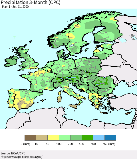 Europe Precipitation 3-Month (CPC) Thematic Map For 5/1/2020 - 7/31/2020