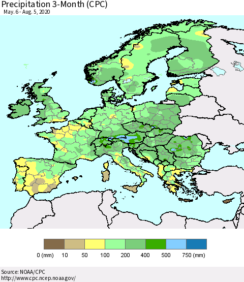 Europe Precipitation 3-Month (CPC) Thematic Map For 5/6/2020 - 8/5/2020