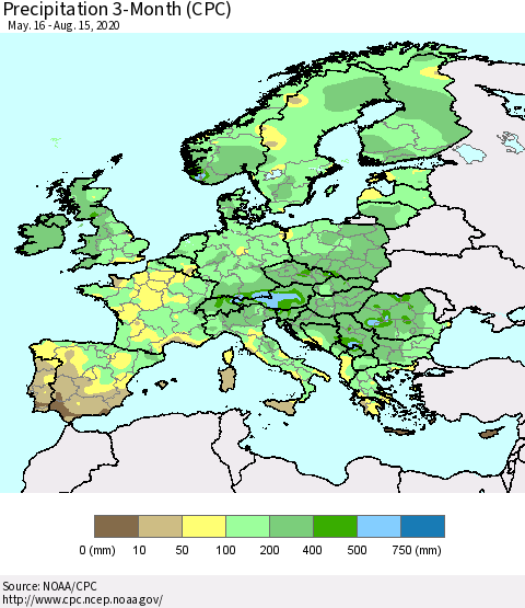 Europe Precipitation 3-Month (CPC) Thematic Map For 5/16/2020 - 8/15/2020