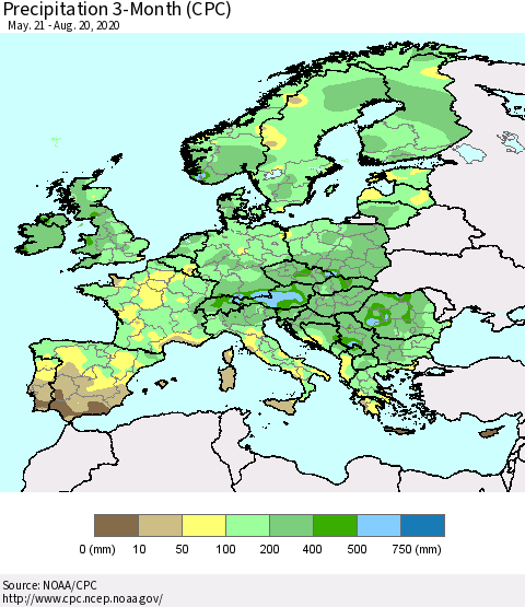 Europe Precipitation 3-Month (CPC) Thematic Map For 5/21/2020 - 8/20/2020