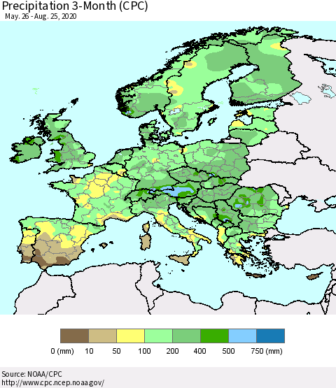 Europe Precipitation 3-Month (CPC) Thematic Map For 5/26/2020 - 8/25/2020