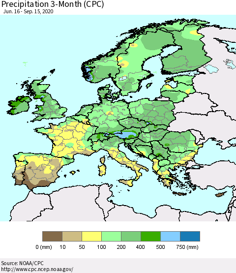 Europe Precipitation 3-Month (CPC) Thematic Map For 6/16/2020 - 9/15/2020