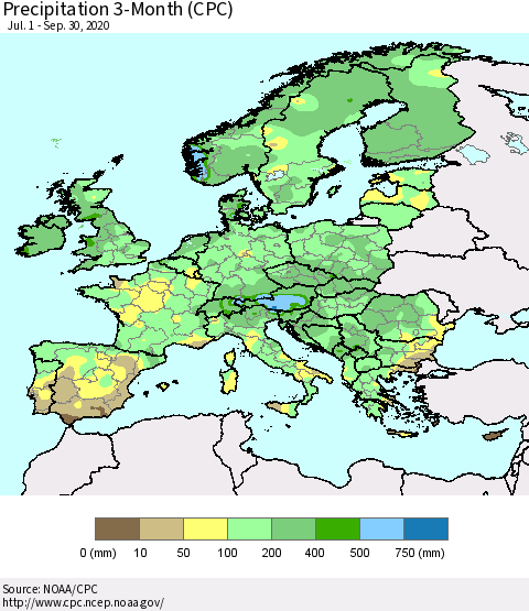 Europe Precipitation 3-Month (CPC) Thematic Map For 7/1/2020 - 9/30/2020