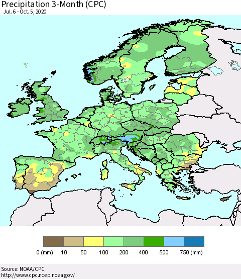 Europe Precipitation 3-Month (CPC) Thematic Map For 7/6/2020 - 10/5/2020
