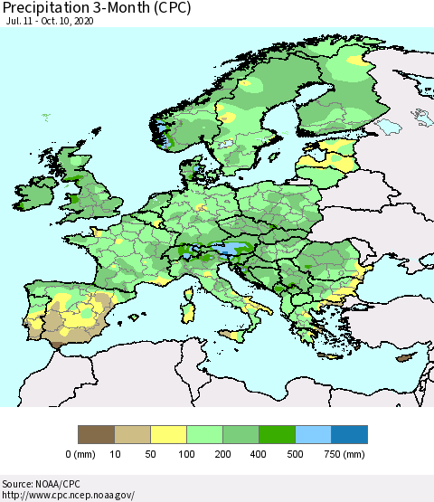 Europe Precipitation 3-Month (CPC) Thematic Map For 7/11/2020 - 10/10/2020