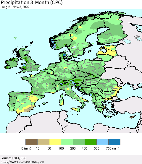 Europe Precipitation 3-Month (CPC) Thematic Map For 8/6/2020 - 11/5/2020