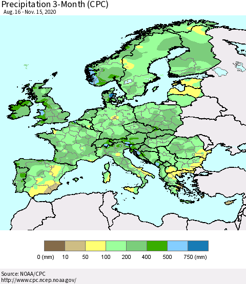 Europe Precipitation 3-Month (CPC) Thematic Map For 8/16/2020 - 11/15/2020