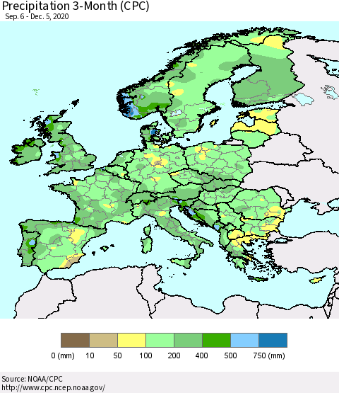 Europe Precipitation 3-Month (CPC) Thematic Map For 9/6/2020 - 12/5/2020